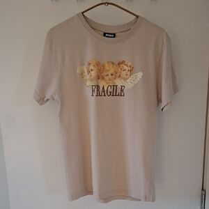 Minga London Women's Tan "Fragile" Graphic T-Shirt with Angel Print (Size S)